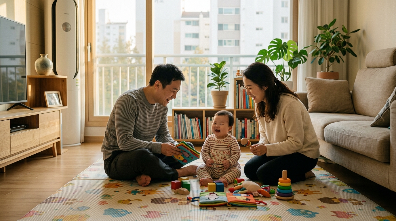거실 매트에서 아기와 함께 시간을 보내는 부모 — 0~12세 아동기본수당은 매월 지급되는 구조다