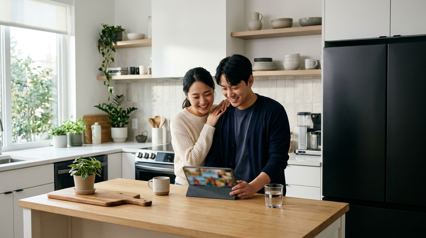 새 가전이 놓인 주방에서 태블릿을 함께 보는 신혼부부