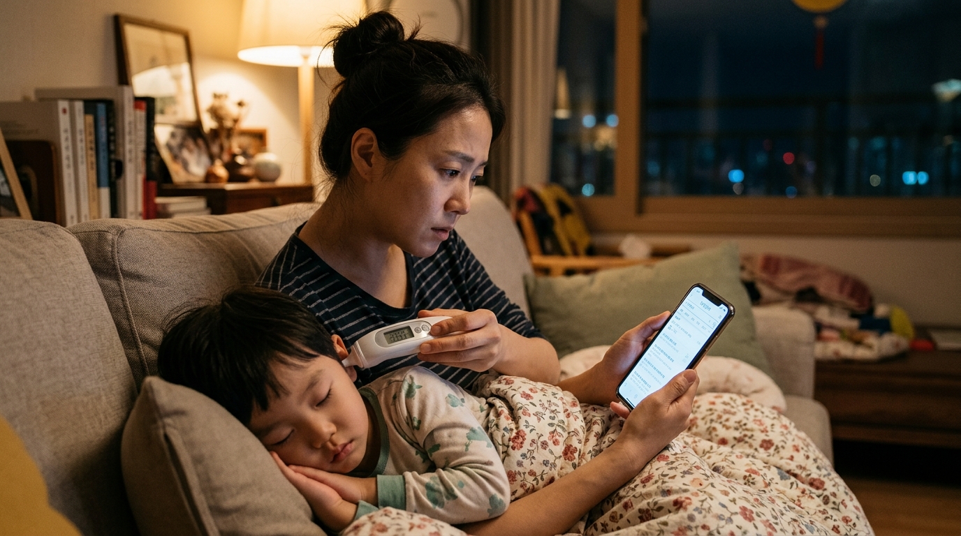 추석 연휴 밤 아이의 열을 재며 휴대폰으로 문 여는 병원을 찾는 부모