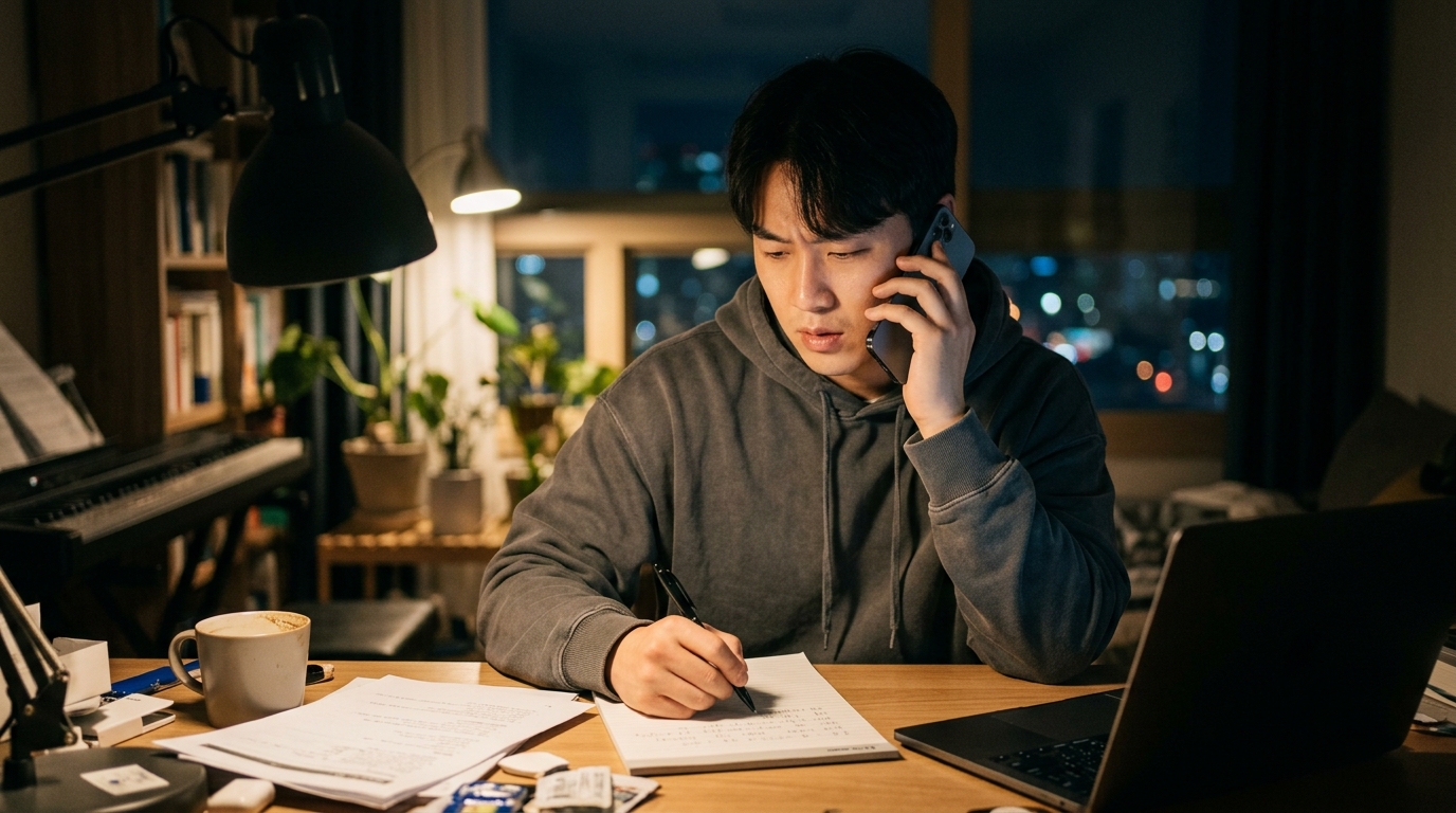 밤에 휴대폰으로 금융회사 고객센터에 전화하며 내용을 메모하는 청년
