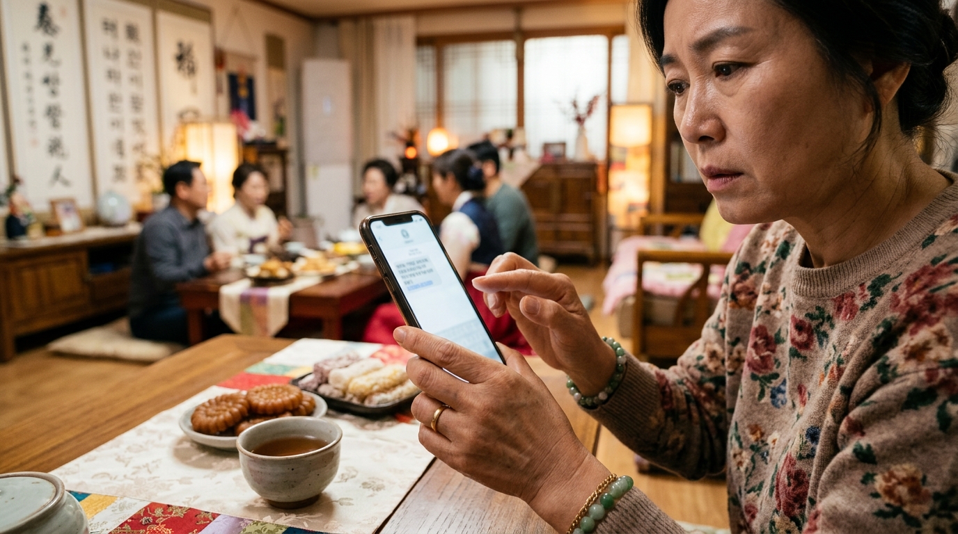 추석 명절 거실에서 휴대폰으로 온 의심스러운 문자를 살펴보는 중년 여성