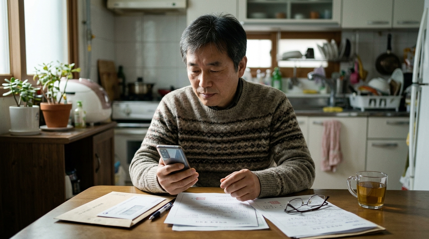 스마트폰으로 정부 지원금을 조회하는 중년 남성