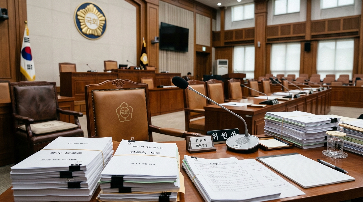 국회 청문회장 책상 위의 자료