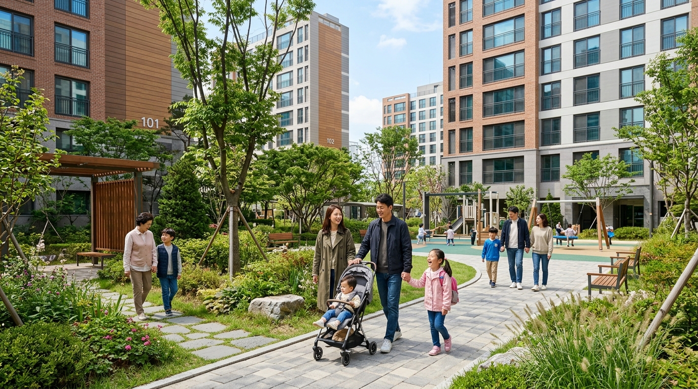 아파트 단지 산책로를 걷는 가족들