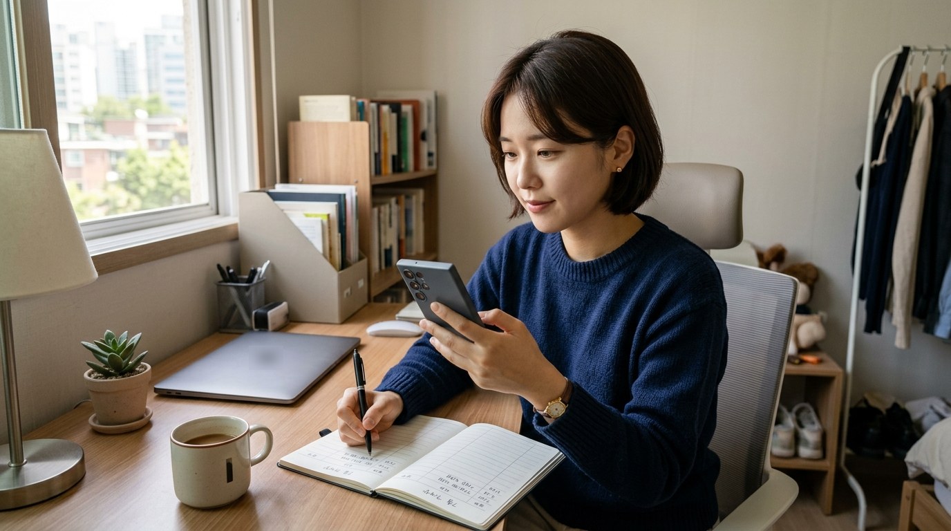 휴대폰으로 적금 납입 내역을 확인하며 가계부를 쓰는 20대 직장인