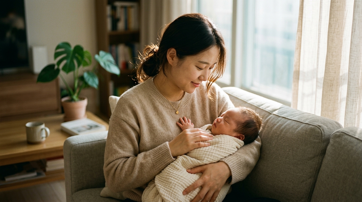 밝은 거실 소파에서 잠든 신생아를 안고 있는 엄마
