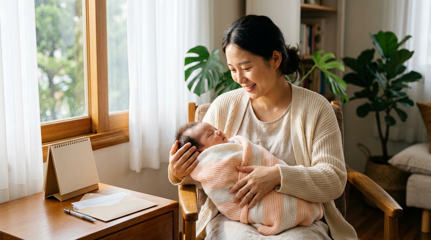 창가 의자에 앉아 신생아를 안고 있는 엄마와 탁자 위 서류 봉투