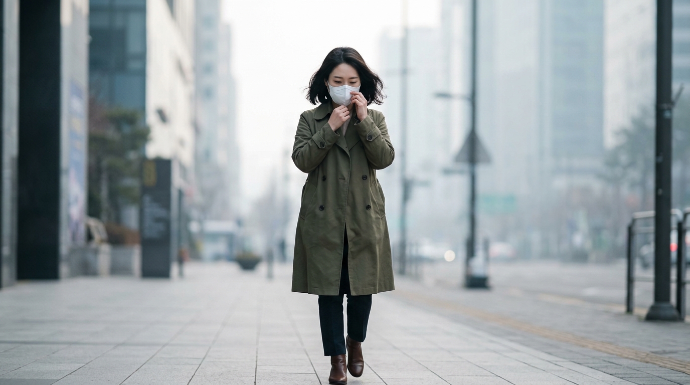 미세먼지 낀 가을 아침 거리에서 흰색 보건용 마스크의 코 부분을 눌러 맞추는 직장인