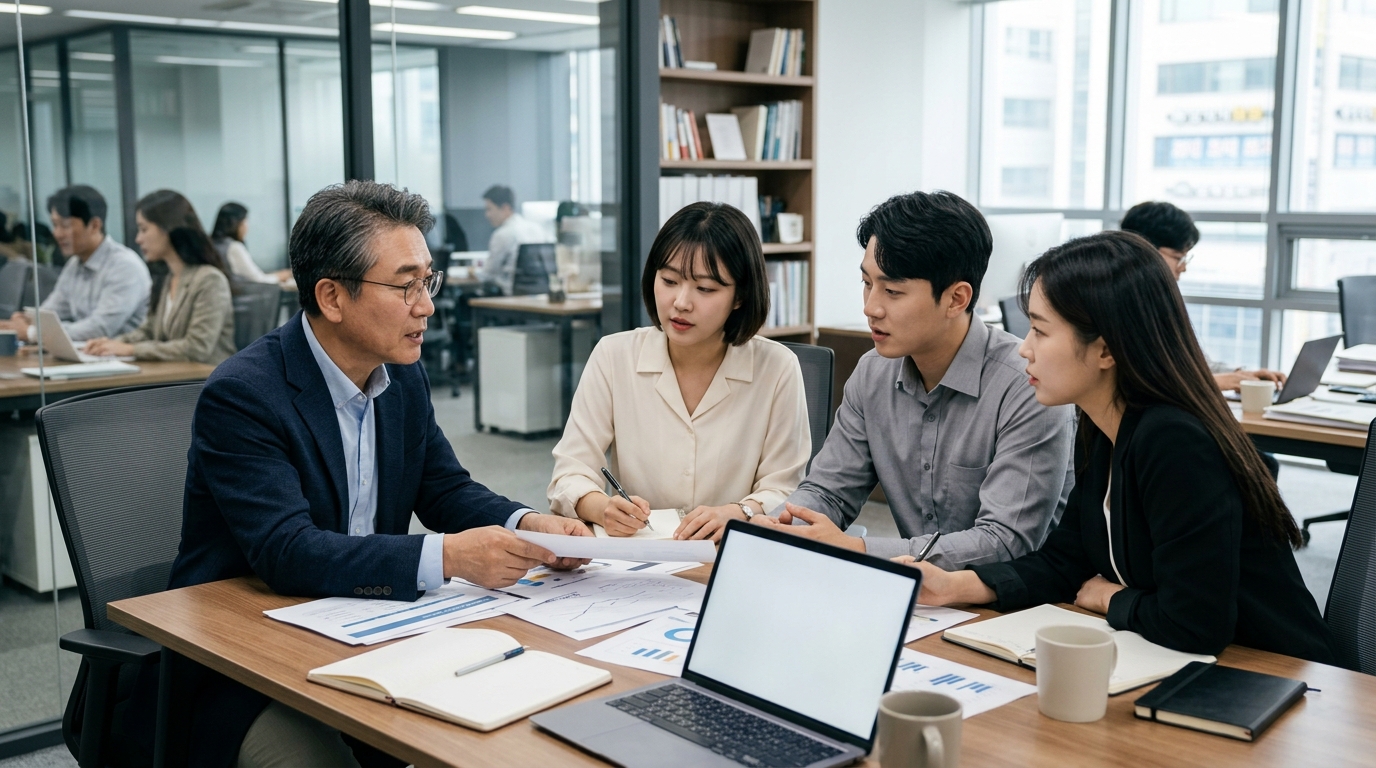 회의 테이블에서 자료를 보며 이야기하는 여러 세대의 직장인들