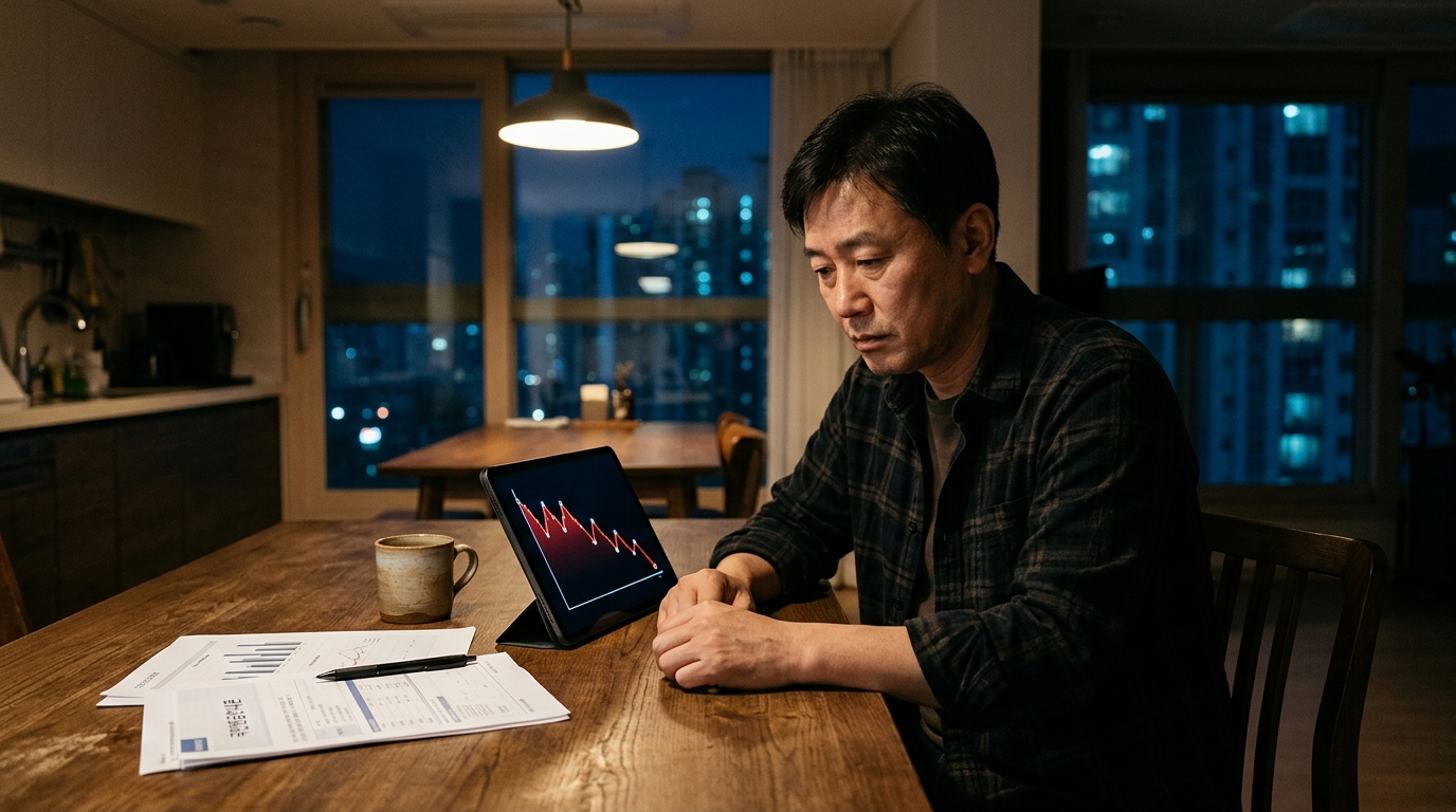밤에 식탁에서 하락 그래프와 연금 서류를 보는 직장인