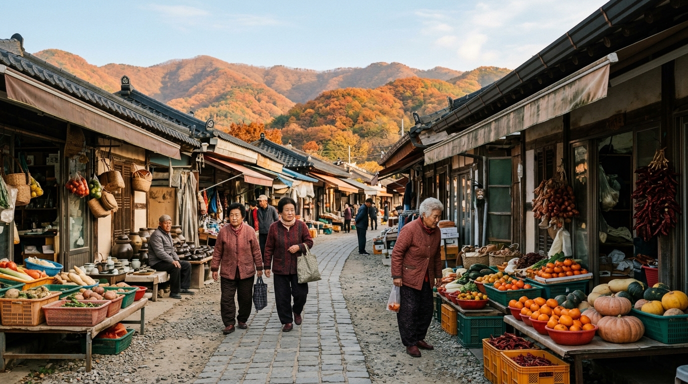 단풍 든 산 아래 지방 소도시 전통시장 거리