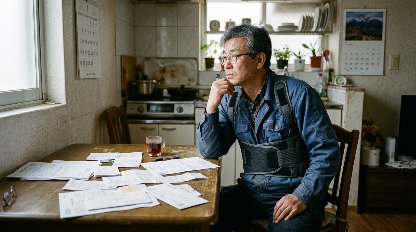 허리 보호대를 찬 작업복 차림의 중년 남성이 식탁 위 서류와 영수증을 앞에 두고 생각에 잠긴 모습